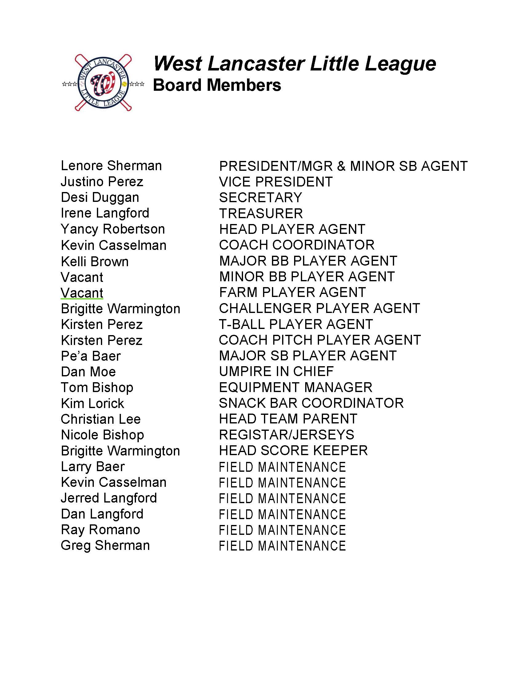 West Lancaster Little League > Board Members